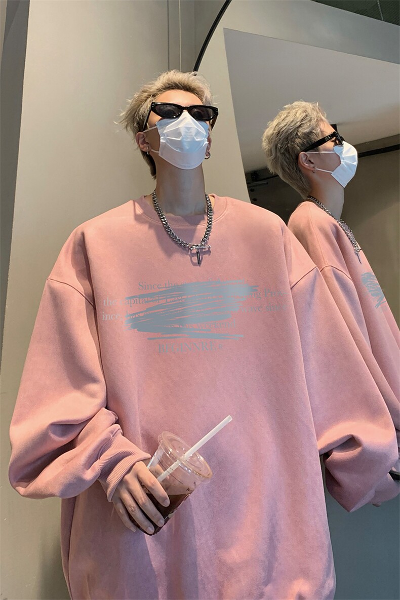 秋季港风宽松麂皮绒圆领卫衣男女潮百搭情侣上衣外套WH8826-P45,男装卫衣,电商B295