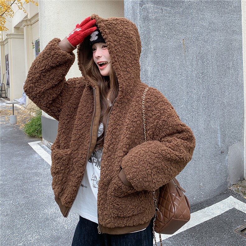 新款深咖色拼接格子羊羔毛羽绒服90绒2C282-998P255K388,女装羽绒服,2C282