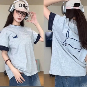 小狗刺绣撞色短袖t恤女夏季潮牌设计感美式复古圆领宽松半袖上衣图片