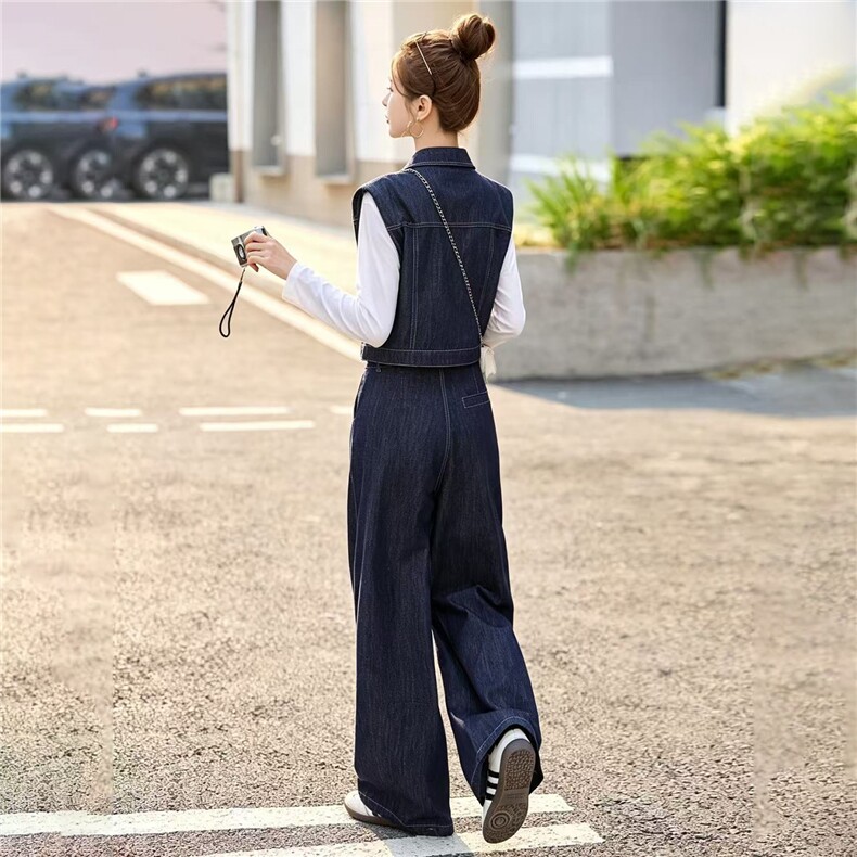2026秋新款欧货休闲牛仔马甲长裤阔腿裤套装,女装套装/套裙,瑶迪依秀