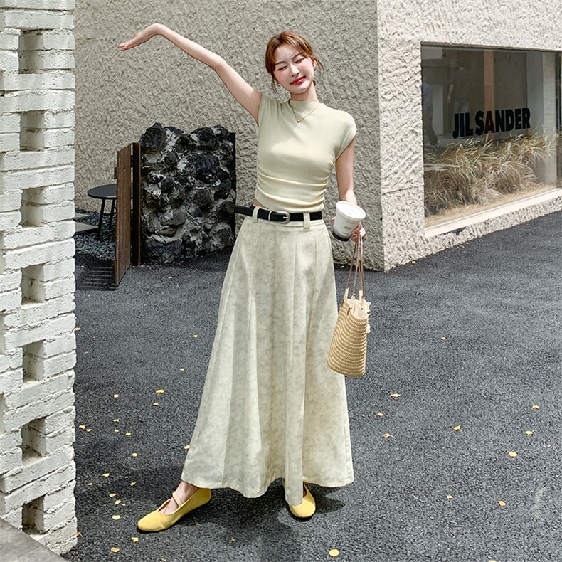 2025夏季新款穿搭女装修身半高领短袖t恤上衣遮肉显瘦半身裙套装,女装套装/套裙,2D078