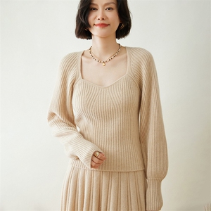 时尚优雅抽条泡袖V领女士35%羊绒衫图片