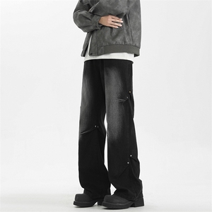 港风潮牌做旧水洗藏青色百搭牛仔裤 四季休闲阔腿裤N8025P50限79图片