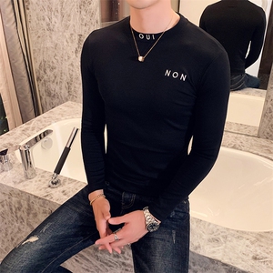 秋季新款 潮流休闲纯色修身小高领绣花长袖T恤打底衫男1009-p35黑图片