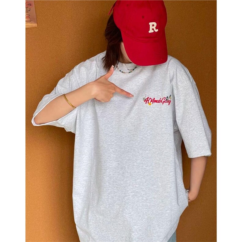 全幅蜜蜂花卉刺绣短袖T恤男女美式潮牌夏季宽松凉感休闲半袖上衣,男装T恤,星座1210-1