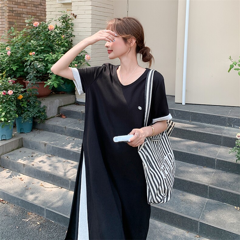 黑色休闲显瘦t恤裙夏季新款设计感假两件轻薄撞色气质连衣裙女裙,女装连衣裙,2C285