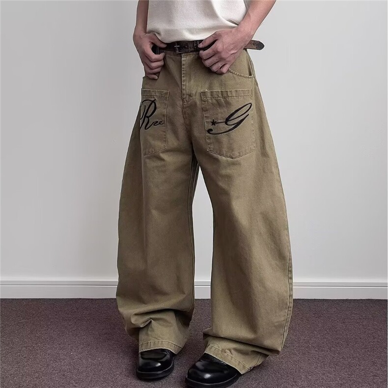 美式复古宽松阔腿刺绣弯刀裤男女宽松做旧水洗休闲裤潮XA015-P55，男装休闲裤，星座208-5