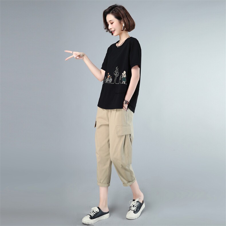 时尚刺绣宽松两件套装女夏季新款休闲显瘦短袖T恤+高腰阔腿裤856,女装套装/套裙,依恋蒂丝