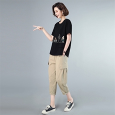 时尚刺绣宽松两件套装女夏季新款休闲显瘦短袖T恤+高腰阔腿裤856，女装套装/套裙，依恋蒂丝