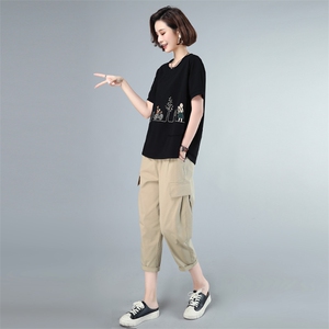 时尚刺绣宽松两件套装女夏季新款休闲显瘦短袖T恤+高腰阔腿裤856图片