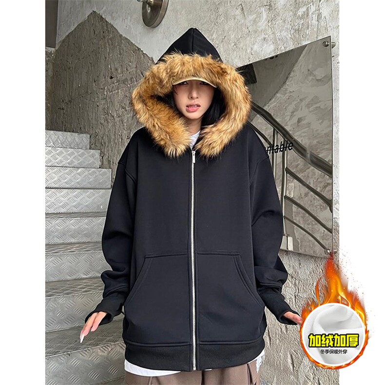 480G重磅加绒硬挺boxy秋冬美式高街超大毛领座山雕连帽卫衣厚外套，女装短外套，电商A486-1