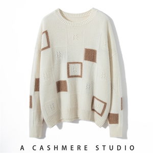 圆领菱形格气质时尚百搭通勤羊绒衫女秋冬新款宽松长袖图片