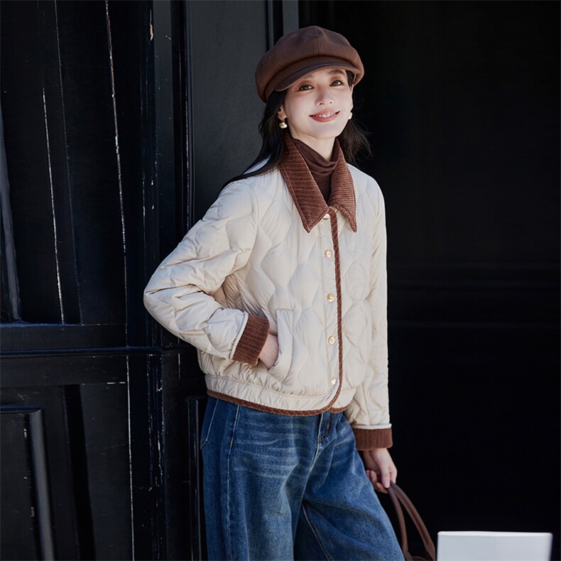 撞色翻领轻薄菱格短款羽绒服女2025冬季新款气质小香风白鸭绒外套,女装羽绒服,蝶眷