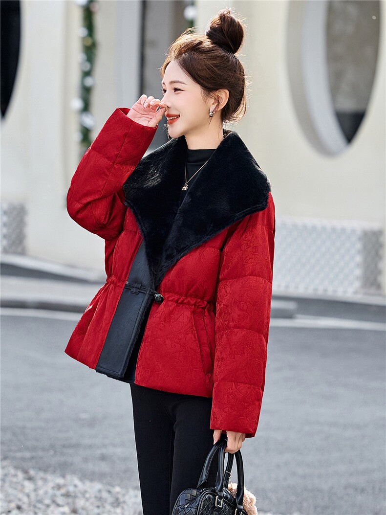 新中式G风羽绒服女2025冬季新款毛毛领拼接提花保暖白鸭绒外套,女装羽绒服,冬木谷雨