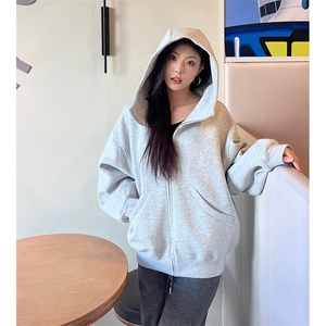 抖音得物高品质 26春装美式高街重磅宽松结构高领连帽卫衣外套W60图片