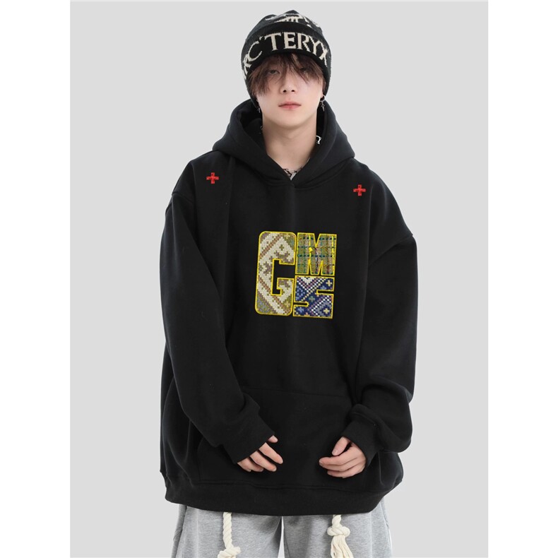 美式复古刺绣连帽卫衣男女春秋季潮牌宽松套头上衣WY7112 P48-52图片