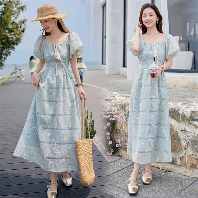 57157欧货25夏季新款欧货减龄时尚百搭显瘦方领泡泡袖连衣裙女潮,女装连衣裙,难舍钰依