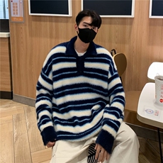 针织衫男韩版潮流条纹衬衫领帅2023冬季新款ins毛衣外套MZ131-P57，男装针织衫/毛衣，星座412-3