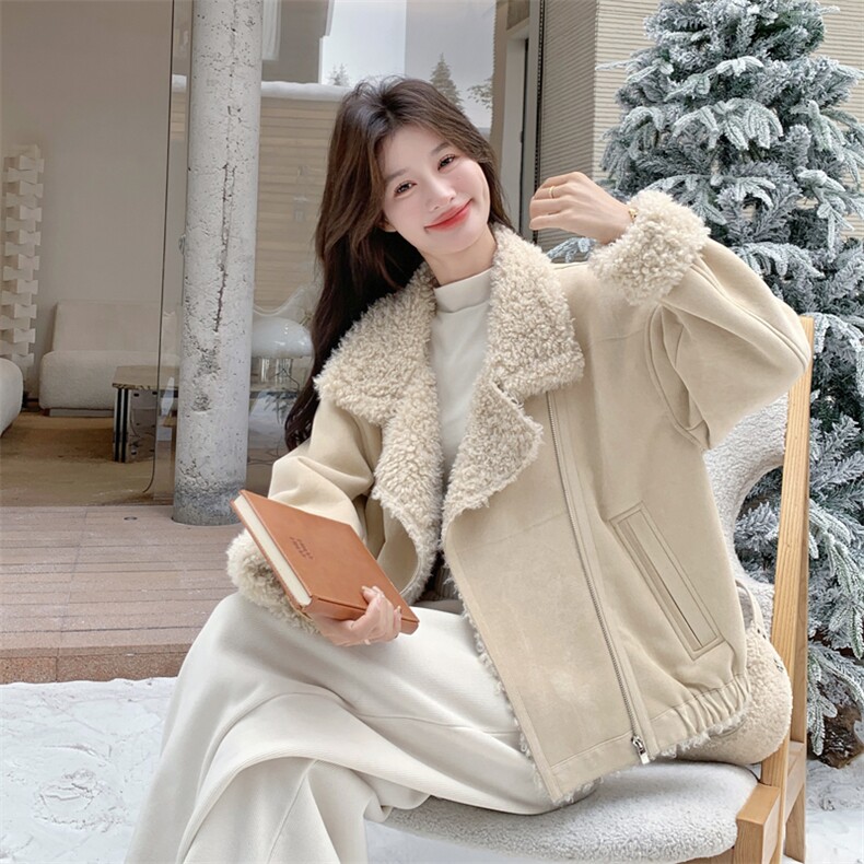 冬装新款皮毛一体米色休闲加厚外套2C092-9939-P195-K298,女装皮草,2C092