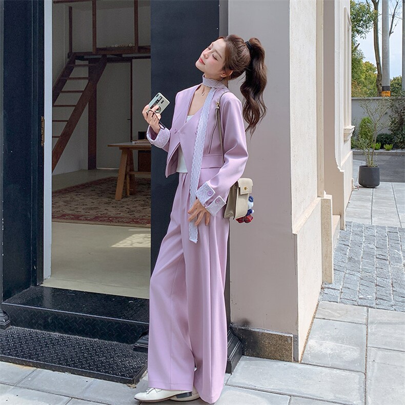 【现货发！】2025年时尚套装两件套蕾丝飘带短款上衣+阔腿裤套装,女装套装/套裙,2C238