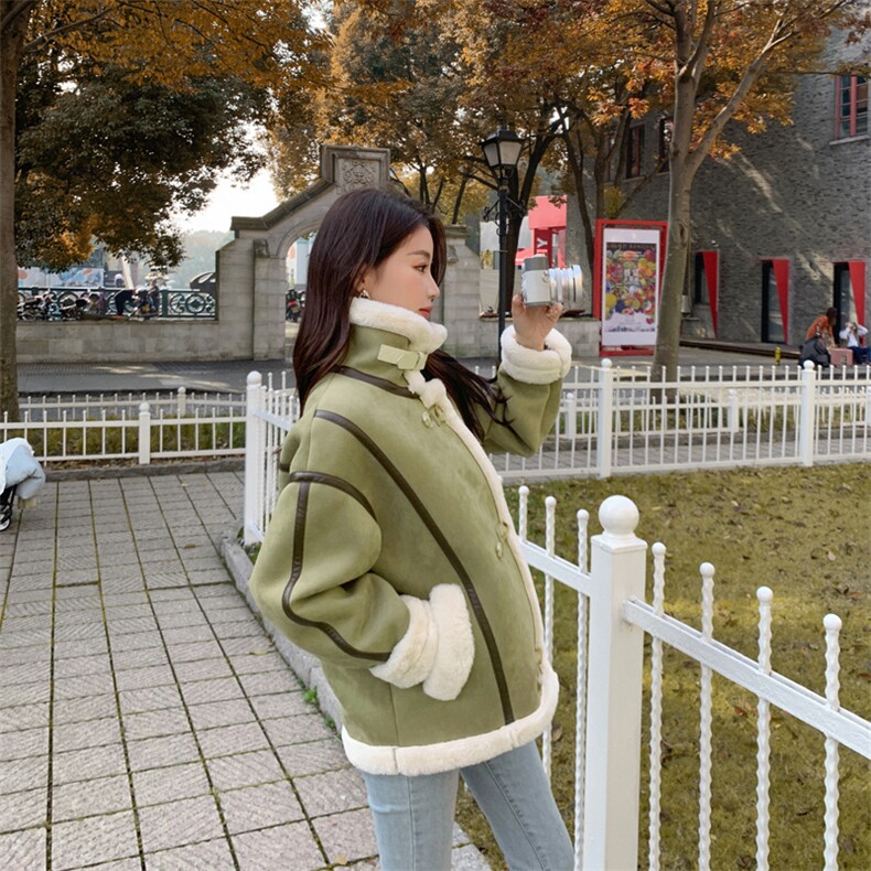 韩系chic羊羔毛外套女冬韩版宽松今年流行加绒加厚皮毛一体机车服,女装棉衣/棉服,帛香坊