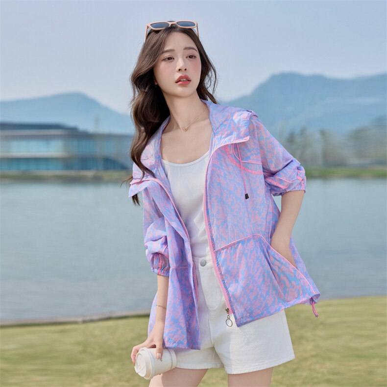 时尚连帽宽松印花防晒衣女2025夏季新款休闲百搭超好看防晒服外套,女装防晒衣,悦祺