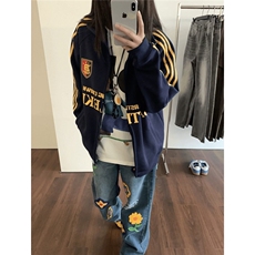 网图现货美式藏青色开衫卫衣男街头潮牌中性穿搭oversize情侣外套，男装卫衣，星座601-1