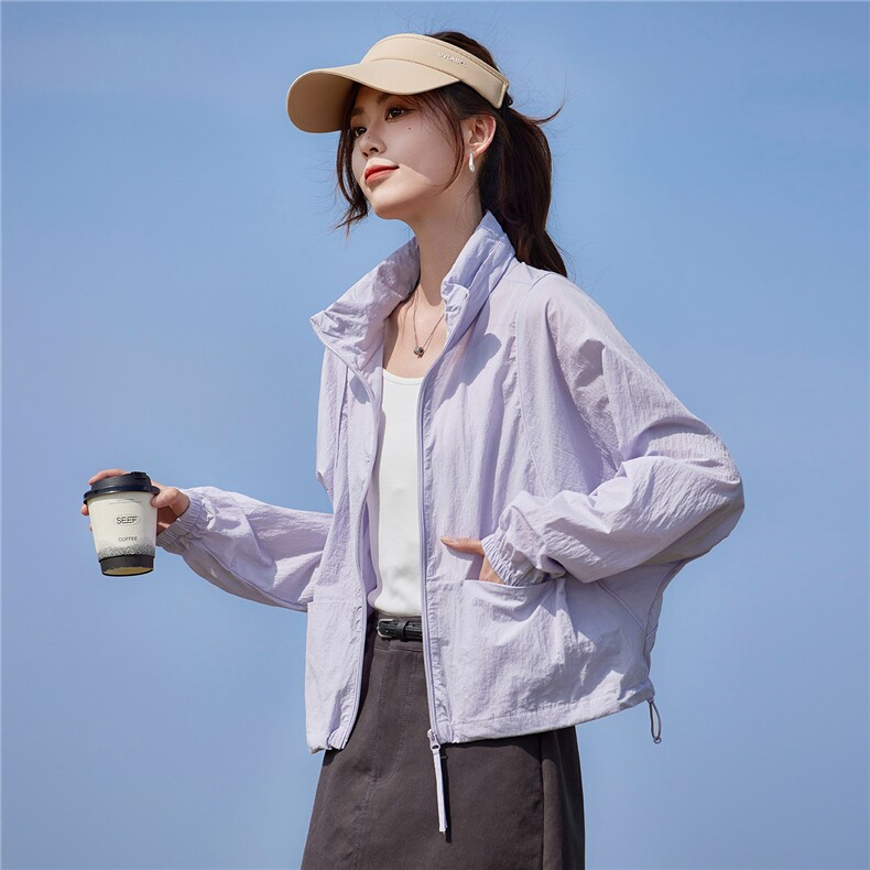 现货2026夏季新款休闲韩版宽松轻薄遮阳连帽（帽子可收纳）短外套,女装防晒衣,靓衣阁