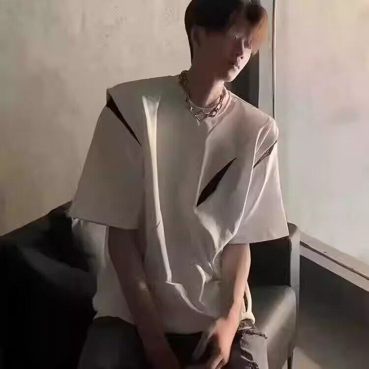 小众设计感垫肩t恤男解构分割假两件宽松短袖立体层次半袖卫衣潮,男装T恤,星座506A