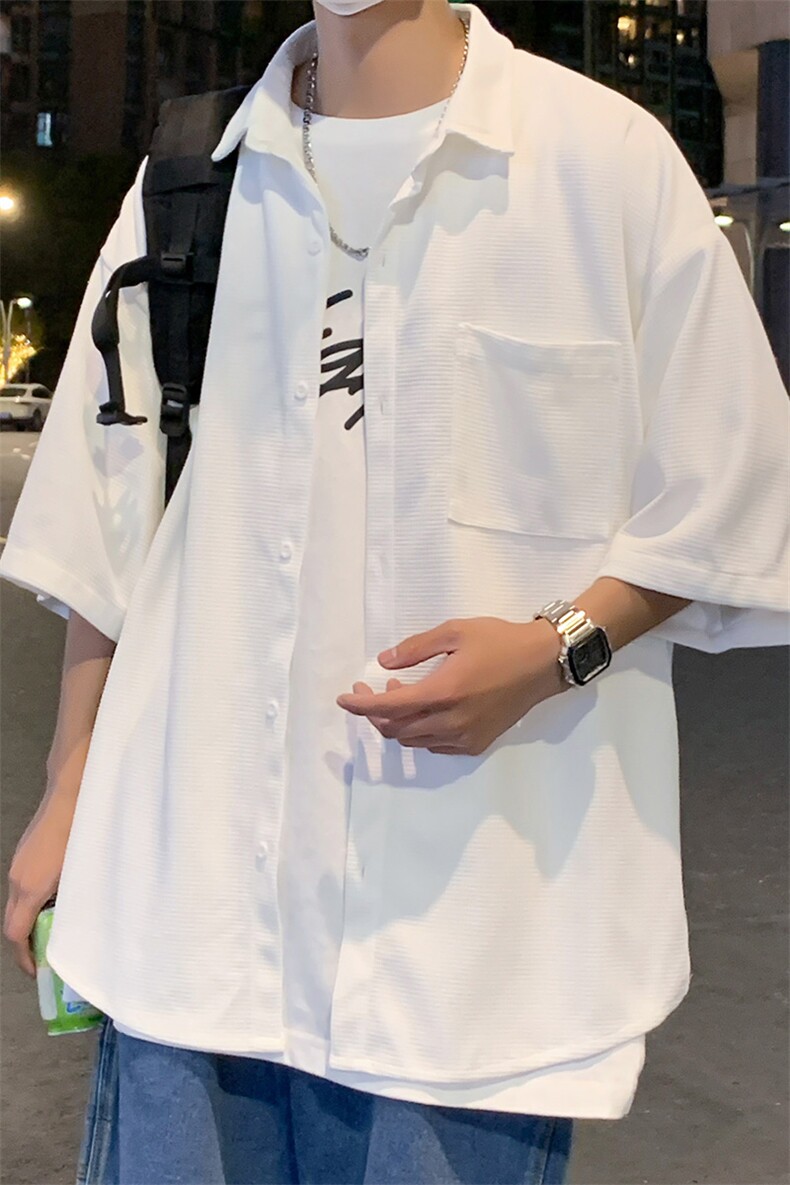 C6053/P35夏季港风新款华夫格开衩宽松短袖衬衣男装大码衬衫控55,男装衬衫,电商A141