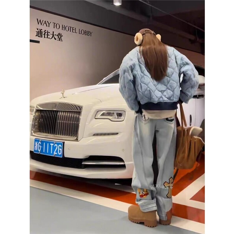 四季新款复古洗水可爱图案设计感百搭直筒牛仔裤女,男装牛仔裤,星座1210-1