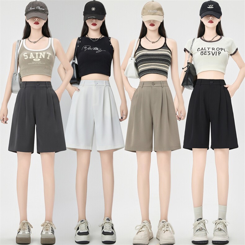 西装短裤女夏季高腰显瘦宽松休闲小个子冰丝a字双折五分裤子，女装短裤/热裤，梦白服饰厂
