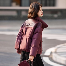 小个子羽绒服女2024冬季新款独特超好看设计感短款红色拼皮厚外套，女装羽绒服，靓衣阁