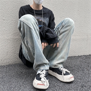 美式高街水洗牛仔裤复古立体裁剪牛仔裤潮男直筒N08145-P45图片