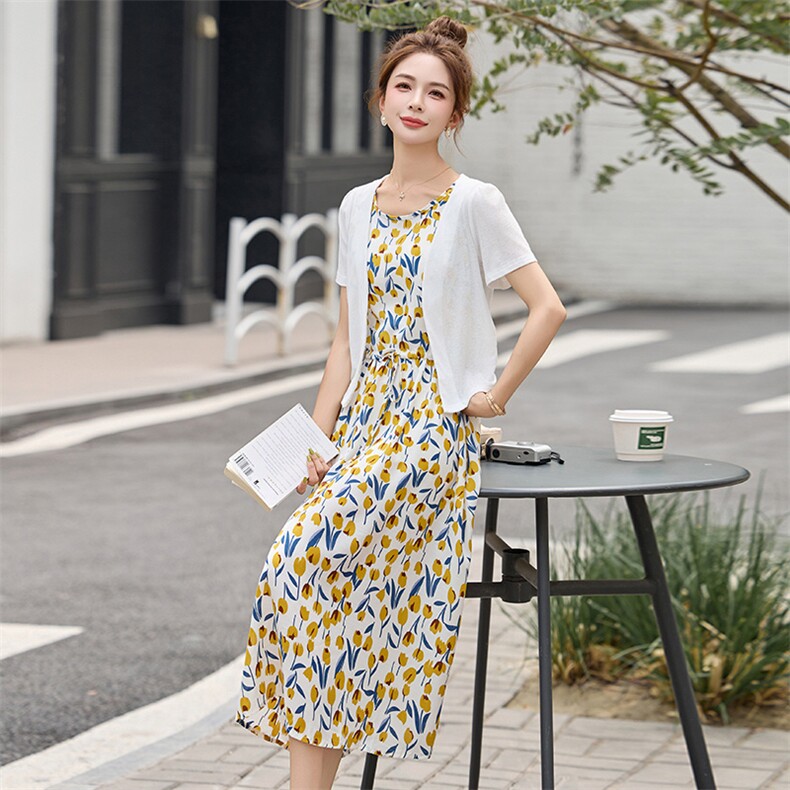 度假风时尚套装女2025夏季新款披肩外套无袖连衣裙两件套,女装套装/套裙,众宇琦