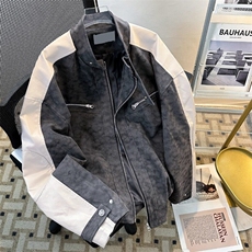 2025春美式机车磨砂拼皮潮棒球服飞行皮衣男女夹克外套W6046-P81，男装夹克，星座412-3