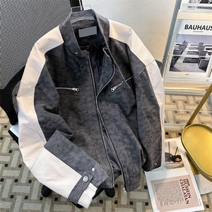 2025春美式机车磨砂拼皮潮棒球服飞行皮衣男女夹克外套W6046-P81图片
