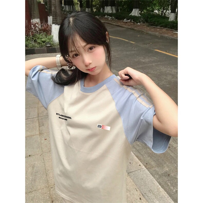 抖音得物品质二开240克宽松纯棉美式潮牌插肩三杠织带短袖T恤,男装T恤,电商A486