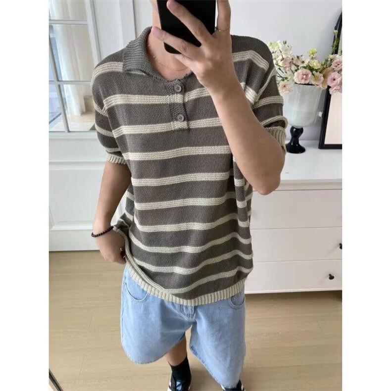 韩版ins条纹撞色翻领针织polo衫男夏季透气休闲宽松百搭短袖上衣,男装针织衫/毛衣,星座506A