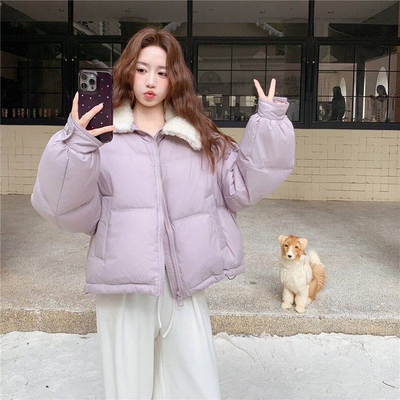 韩系短款紫色羊羔毛领羽绒服女冬2025新款超好看小个子白鸭绒外套,女装羽绒服,2B187