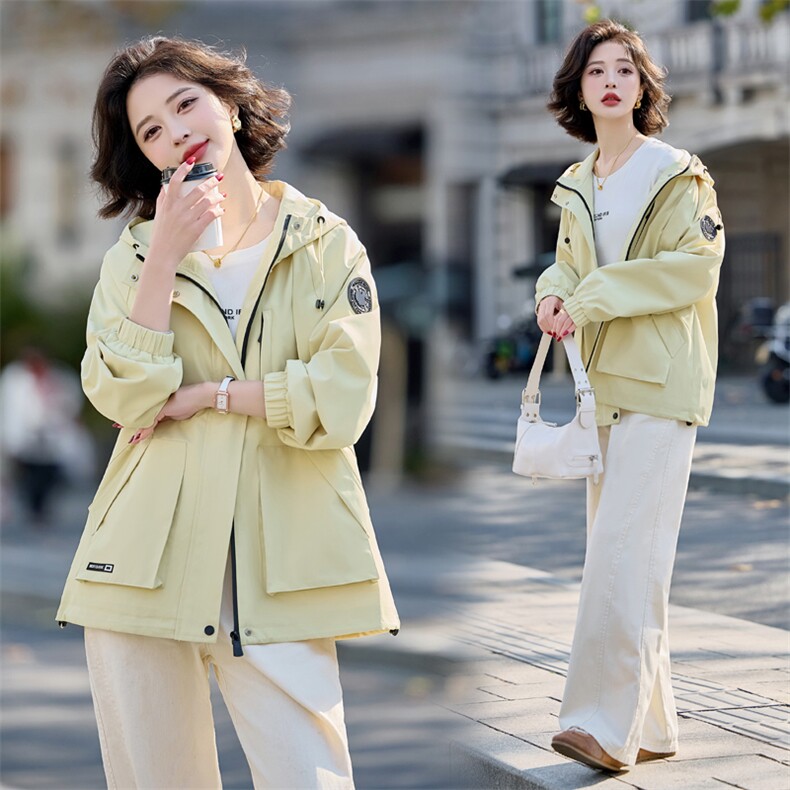 时尚休闲连帽工装外套女2025春新款宽松百搭超好看冲锋衣夹克上衣,女装短外套,悦祺