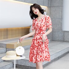 雪纺碎花连衣裙女2023夏仙女印花V领收腰不规则鱼尾裙连衣裙4881，女装连衣裙，韩蔻秀