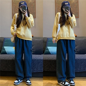 工装牛仔裤男女大码直筒阔腿2024年新款百搭chic港味裤子-N9127图片