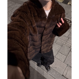 高奢横排水貂毛皮草男女冬潮牌高级感外套复古一体绒加厚保暖大衣