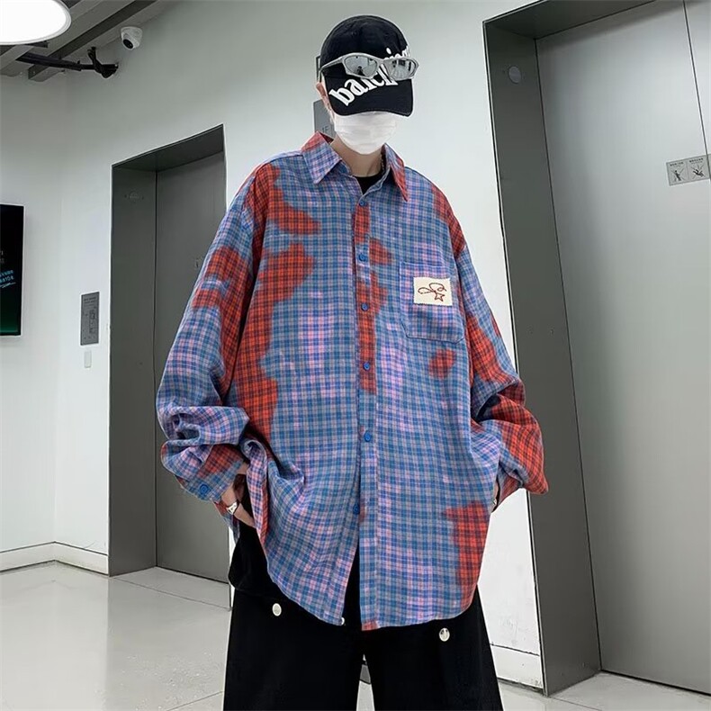 新款扎染格子宽松衬衫撞色长袖衬衣1311-P45图片