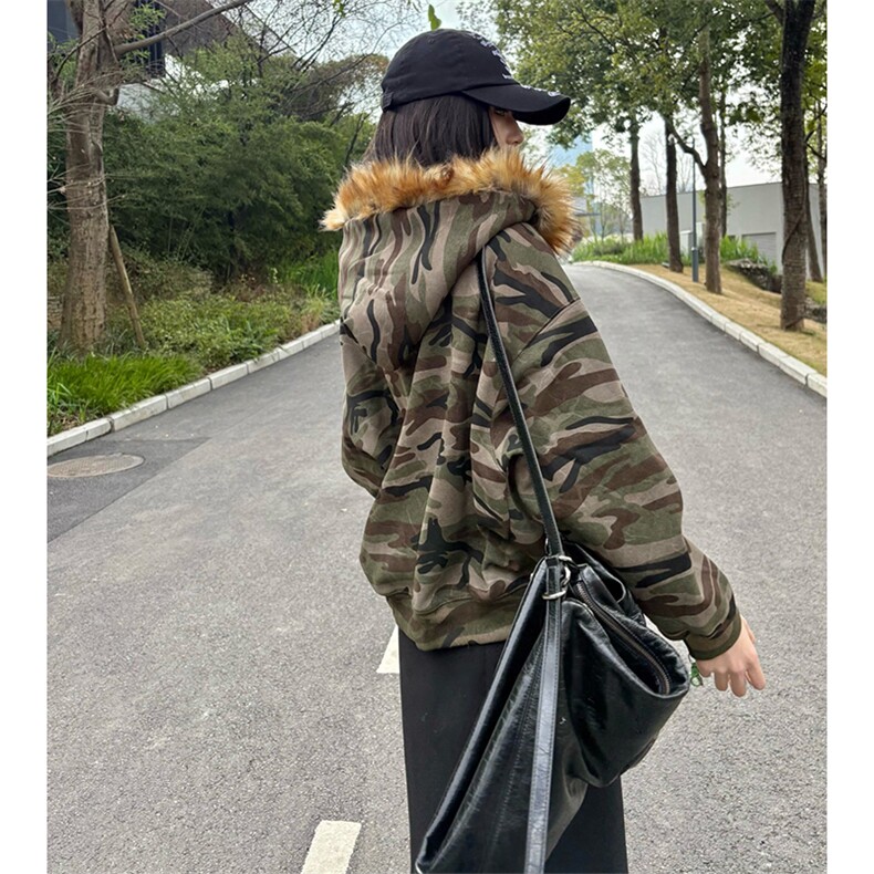 毛领迷彩加绒开衫卫衣外套610A-1-LY6039-P85,女装短外套,星座610A-1