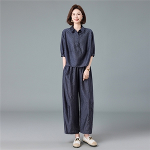 现货2026夏季新款宽松大码洋气减龄莱赛尔提花衬衫套装两件套图片