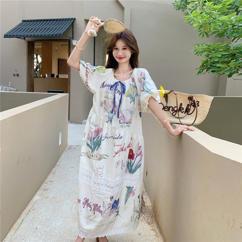 印花连衣裙女夏季2026新款韩系松弛感小众俏皮减龄涂鸦花卉中长裙,女装连衣裙,艾米莉亚