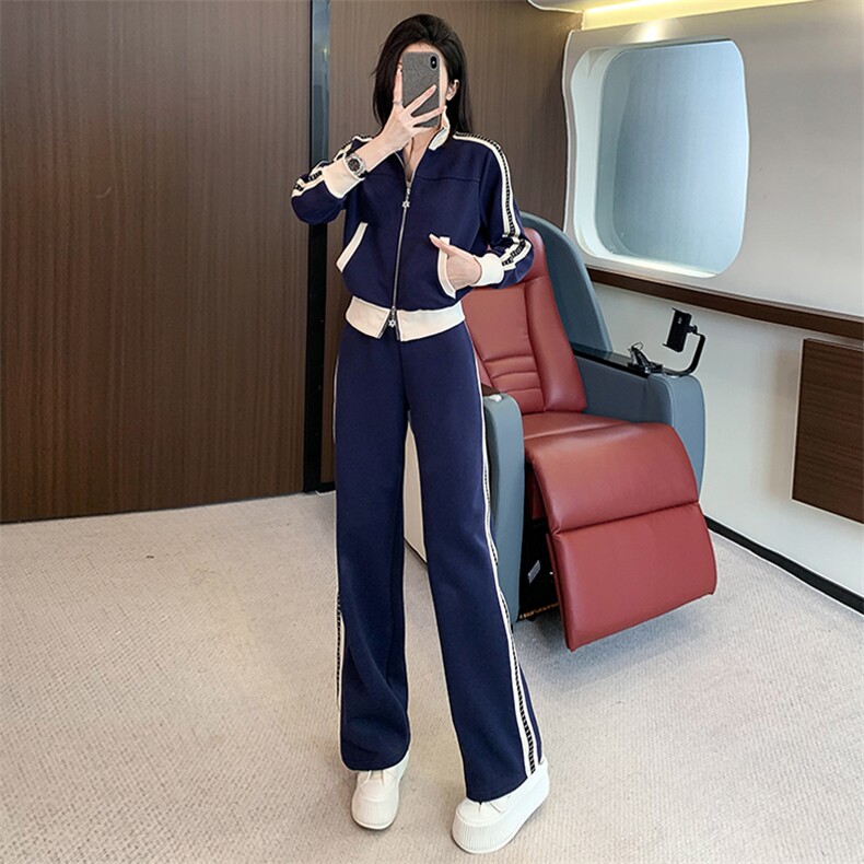 潮牌立领时尚运动套装女春新款开衫拼接条纹短款外套阔腿裤两件套,女装套装/套裙,江南