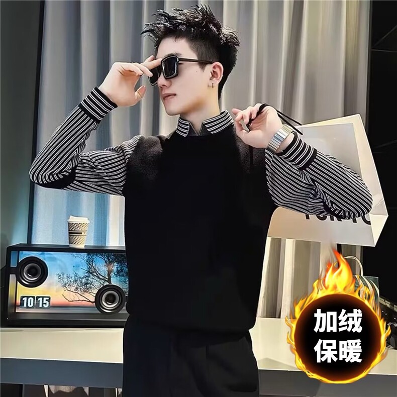 假两件条纹翻领毛衣男韩系秋冬加绒加厚打底修身衬衫针织衫,男装针织衫/毛衣,星座1116A-2（原606A-1）